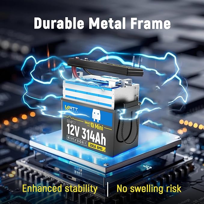 12V 314Ah Lithium LiFePO4 Battery Mini with Bluetooth 5.0 BMS 200A, 4.01kWh Energy, Upgraded Aluminum Cooling Fins & Braided Copper Wires, upporting devices over 2000W (1 PCAK)