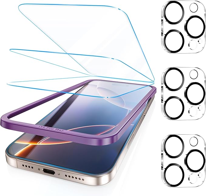 Fotbor [3+3 Pack for iPhone 16 Pro Max Screen Protector, Anti-Blue Light, [Eye Protection] 9H+ Tempered Glass with Camera Lens Protector Anti-Glare