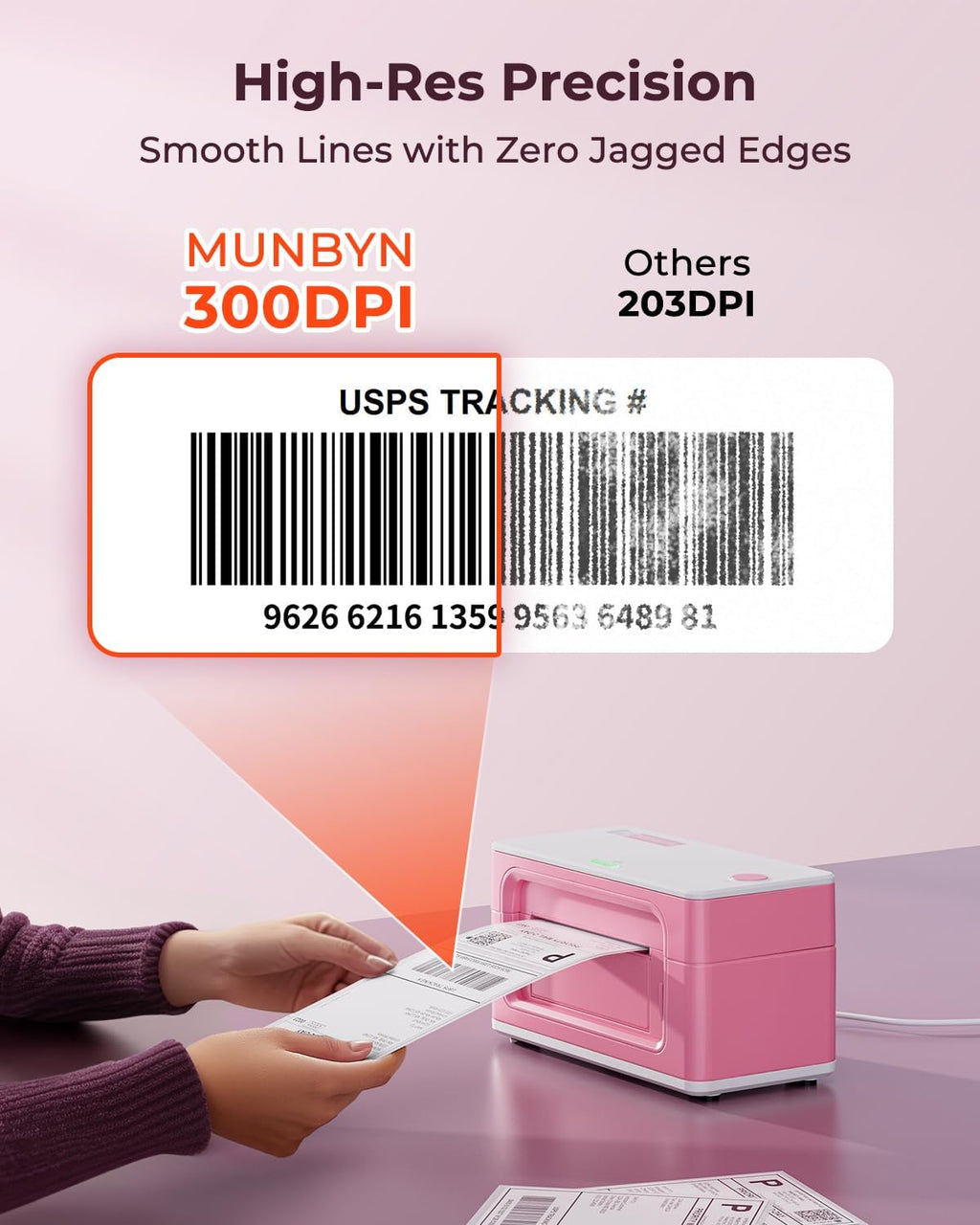 MUNBYN Bluetooth Thermal Label Printer 941B, Wireless 300DPI 4x6 Shipping Label Printer for Small Business, Compatible with Windows, Mac, iPhone, Android, PC, Ebay, Amazon, Shopify, Etsy, USPS (Pink)