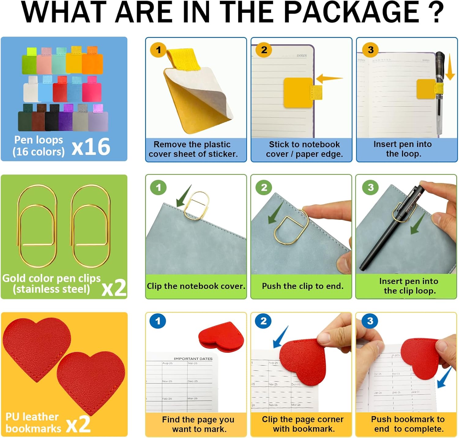 Pen Loop Holder for Notebook 16 Colors Self-Adhesive Stick On Pen Holder with Extra 2 Pens Clips 2 Leather Bookmarks As COMBO for Planner Journal Tablet Clipboards Calendars Bible Campus School Office