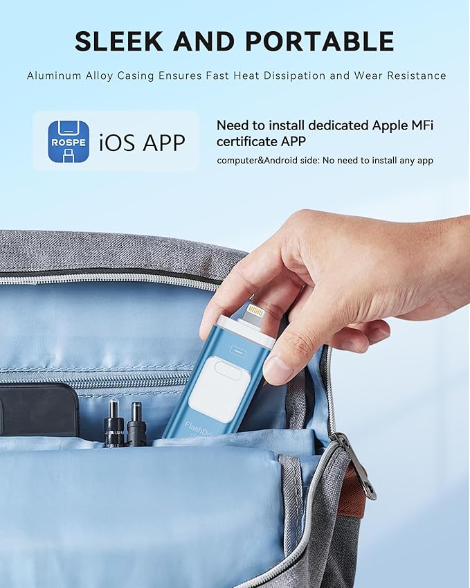 Apple MFi Certified 128GB Flash Drive for iPhone Thumb Drive Photo Stick, USB Memory Stick iPhone Flash Drive for Photos Videos, High Speed Jump Drive Compatible for iPhone/iPad/Android/PC (Blue)