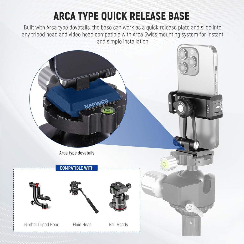 Neewer Phone Tripod Mount Adapter with Arca Type QR Base, Cold Shoe, 1/4" 3/8" Holes, 360° Swivel 180° Tilt, Phone Holder Compatible with iPhone Samsung Arca Swiss DJI RS 4 Pro 3 2 Stabilizer, SP-18