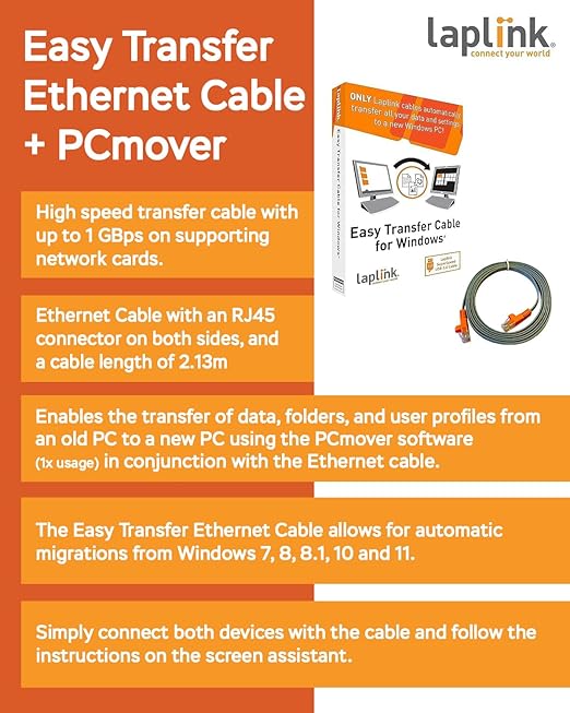LAPLINK Easy Transfer Cable, Includes PCmover Express Data Transfer Software and High Speed Ethernet Cable, Single Use License, Only Transfers Files and Settings. Compatible with Windows 11