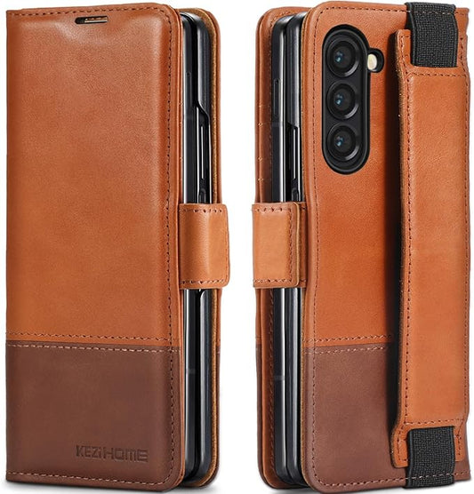 KEZiHOME for Samsung Galaxy Z Fold 6 Case, Genuine Leather Wallet Case [RFID Blocking] with Card Slots Stand Flip Protective Phone Cover Compatible with Galaxy Z Fold 6 5G (Khaki/Brown)