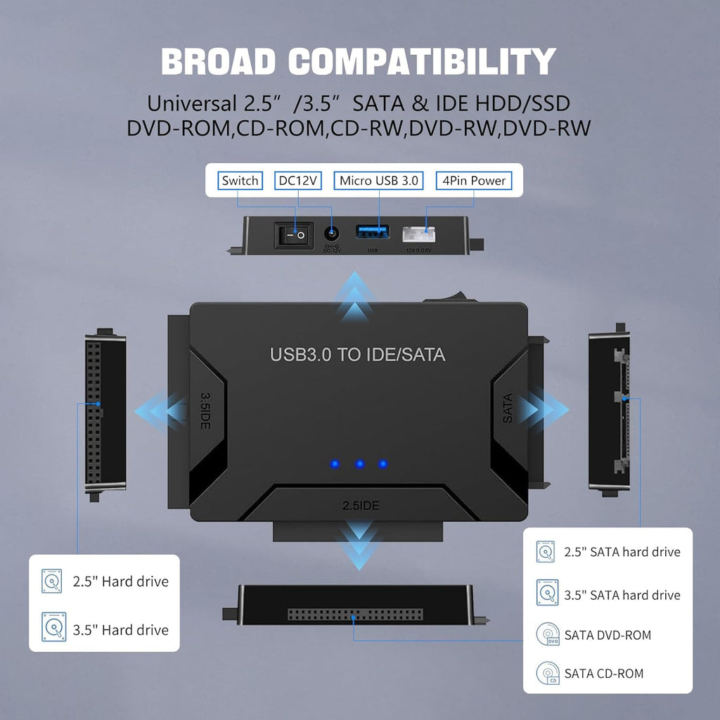 MaxRenard Hard Drive Reader USB 3.0 to SATA/IDE Adapter | Universal External Hard Drive Reader & Data Recovery Converter Kit for 2.5"/3.5" HDD/SSD | with 12V/2A Power Supply