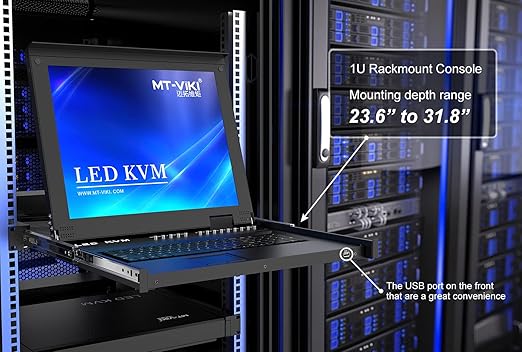 MT-VIKI Rack KVM Switch w/17'' LCD Monitor, 16 Port VGA KVM Switch with Keyboard Touchpad Monitor, Fit for 1U 19'' Rack, OSD/Hotkey/Button 【with 16 VGA KVM Cable】