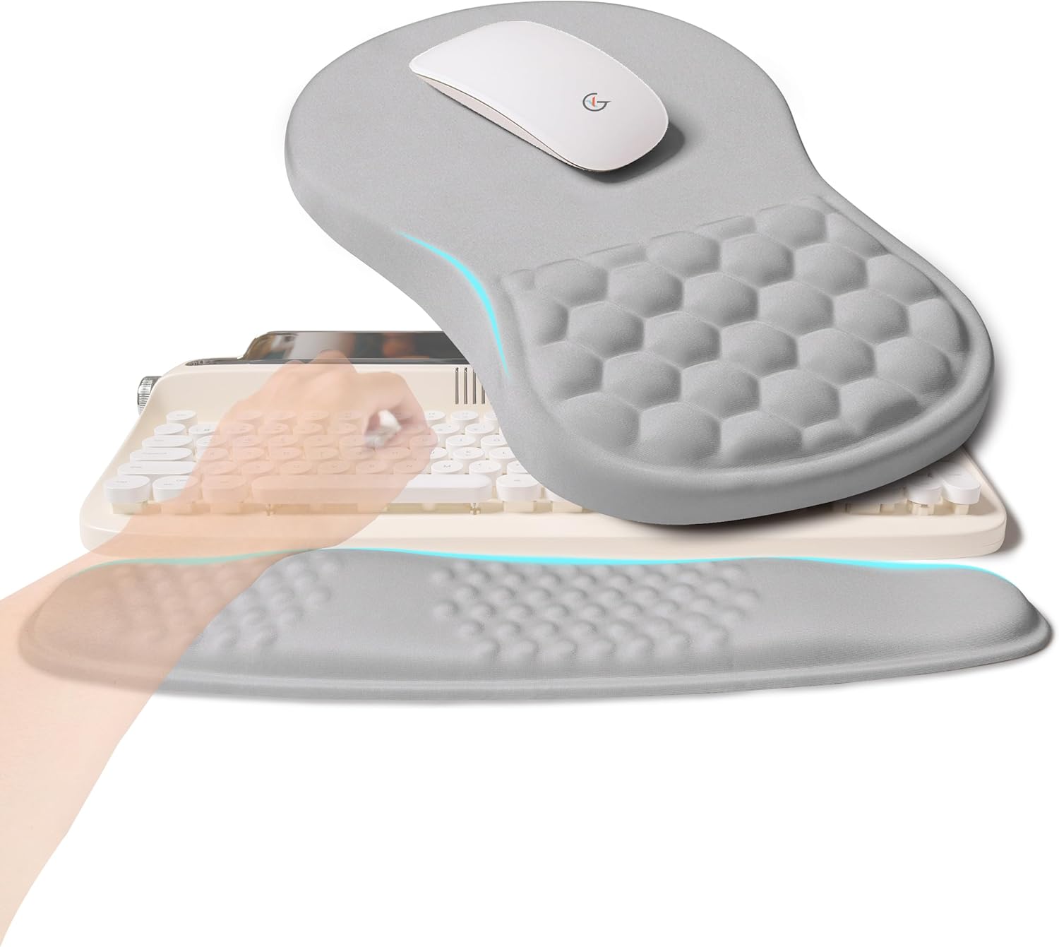 2-in-1 Ergonomic Set, Wave Rise Keyboard Wrist Rest and Massage Bulge Slope Mouse Pad Wrist Support, Cushion Memory Foam Integrated to Relieve Wrist Pain, Silver Gray