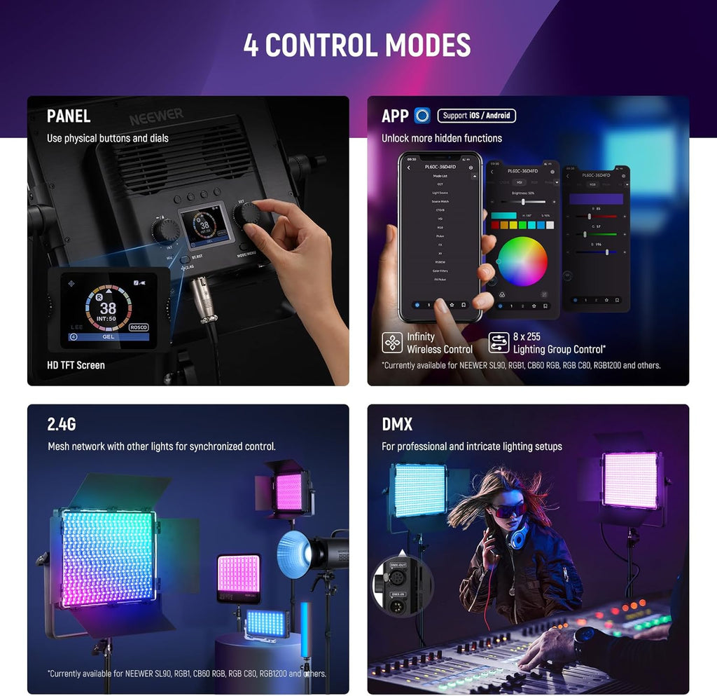 NEEWER PL60C RGB LED Panel Video Light APP/2.4G/DMX Control, 60W 23000Lux/0.5m 2500K-10000K RGBCW Pro Photography Studio Lighting /18 Scenes/V Battery Powered for Outdoor Filming Recording Streaming