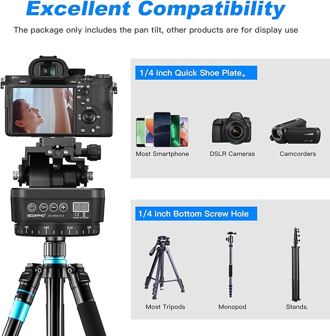 Soonpho M4 Motorized Rotating Panoramic Tripod Head, Remote Control 360° Pan Tilt Head with Mobile Phone Clip for DSLR Cameras, Camcorders, Smartphones, Tripod
