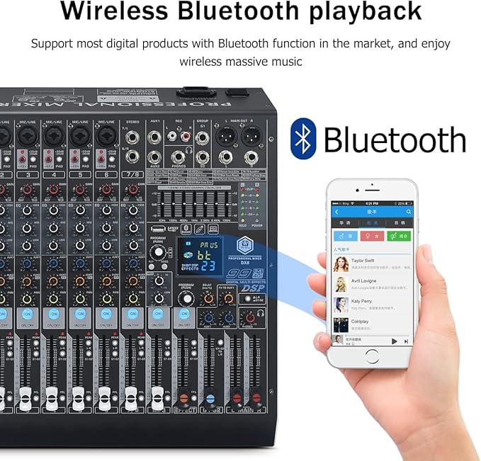 W IN-MIX DX8 Professional DJ Audio Mixer 8 Channel with 99 DSP Effects,7-band EQ,Independent 48V Phantom Power&Mute Button,Bluetooth Function,USB Interface Recording For Studio