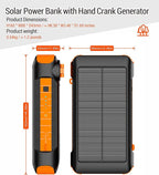 Solar Power Bank 20000mAh Built in Hand Crank and 4 Cables 22.5W Fast Charge Power Bank 5 Outputs & 5 Inputs Solar Portable Charger, SOS/Strobe/Strong Flashlights, Carabiner (Orange)