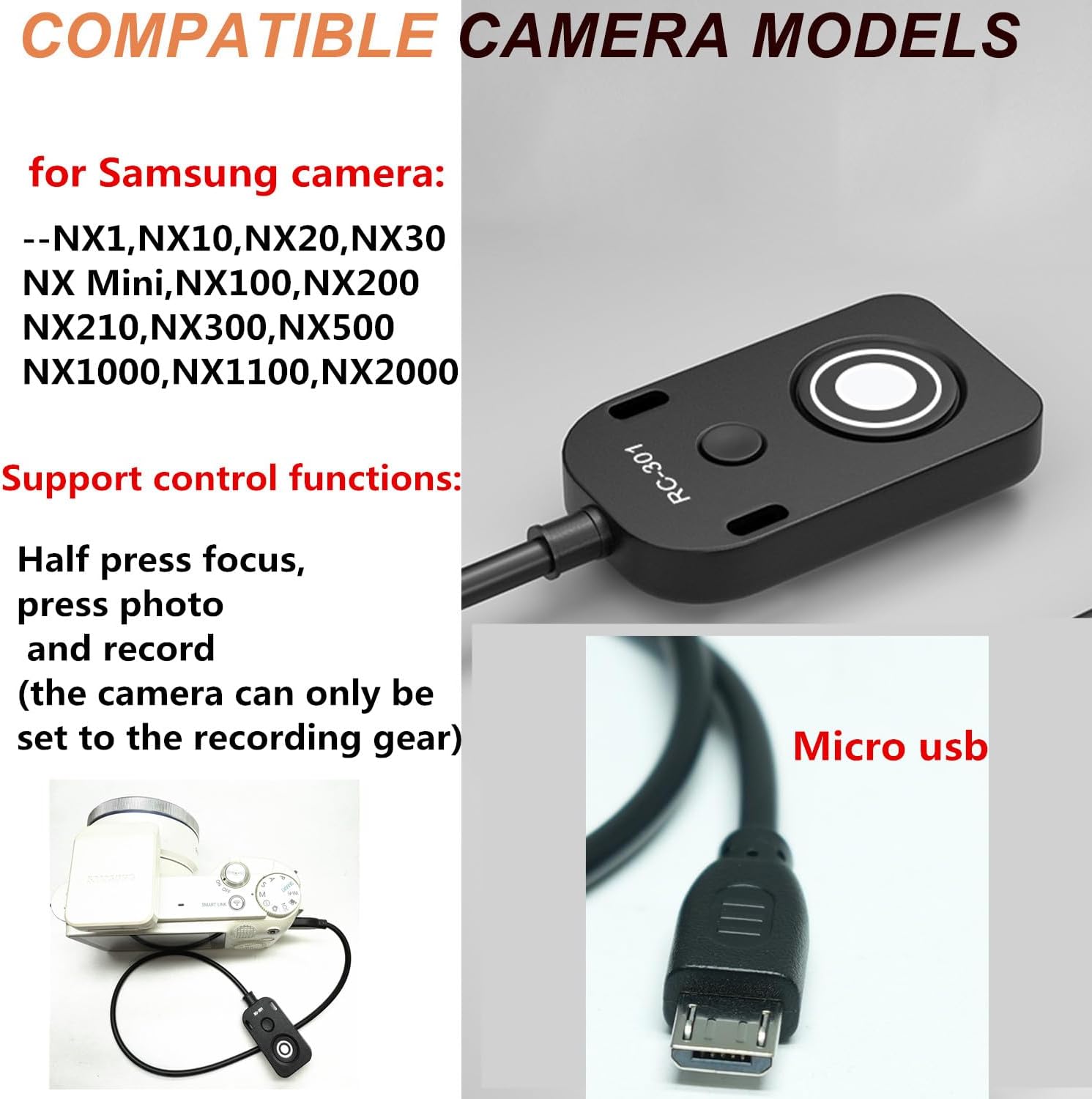 for Samsung Shutter Cable Camera Release Remote for NX20/NX30/NX Mini/NX100/NX200/NX210/NX300/NX500/NX1000/NX1100/NX2000 Camera Small Button Accessory