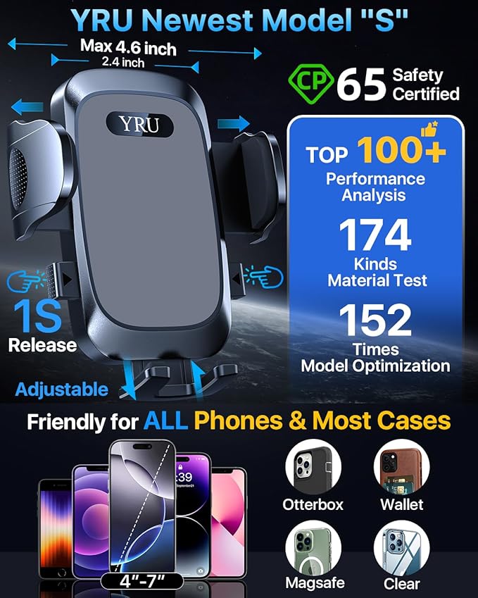 YRU [2025 Ultimate Car Phone Holder Mount [Bendable & Adjustable Aluminum Arm] Cell Phone Holder for Car Dashboard Windshield Phone Stand for iPhone16 15 14 13 Pro Max Samsung Pickup Truck,Dark Silver