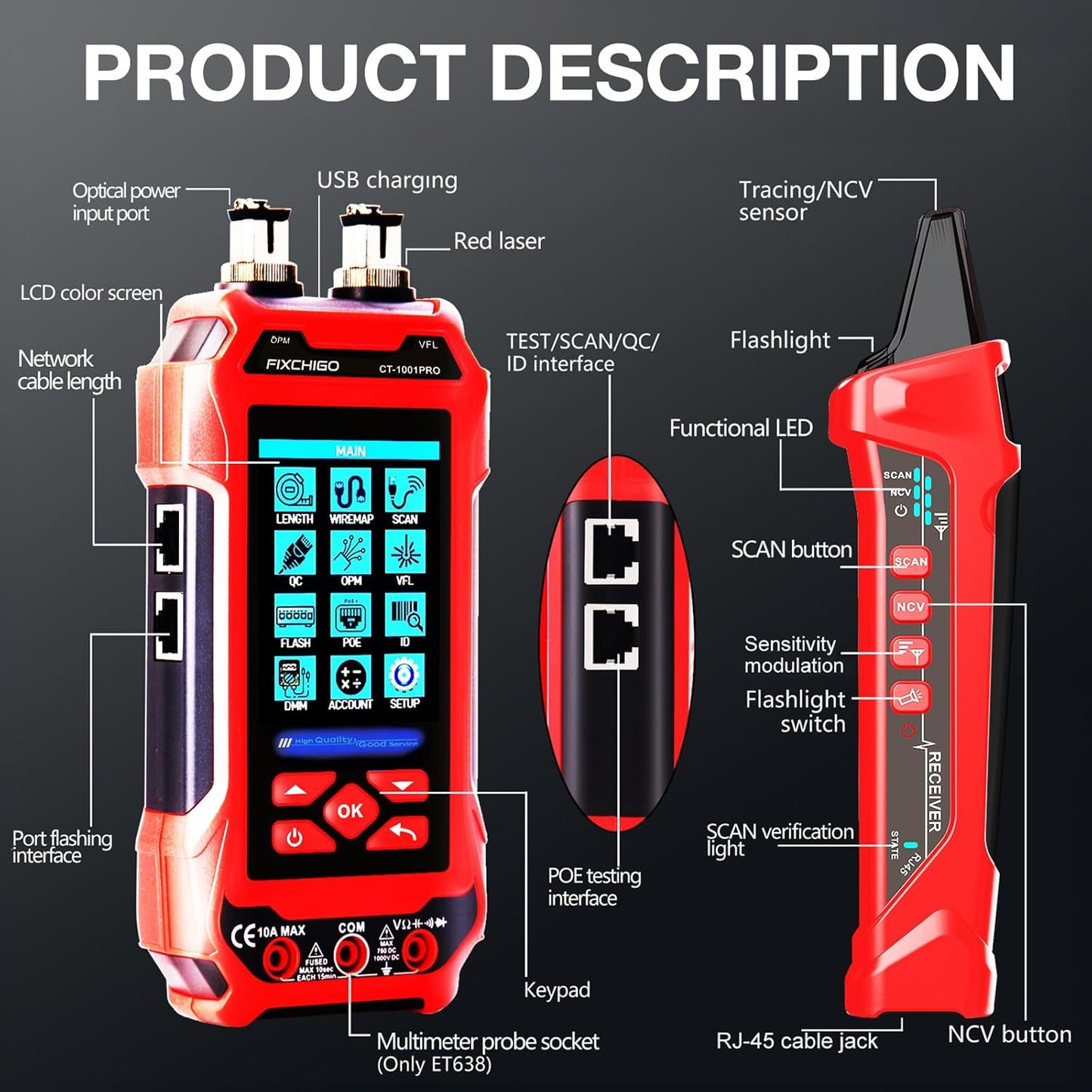 11 In 1 Network Cable Tester with 60000 Digit Multimeter 7 Wavelengths OPM 10Km/10mW VFL 600M Measurable Length 100 Records Tool Kit for CAT5 CAT6 Telephone Ethernet RJ11 RJ45 PoE Wire Tracer NCV, Red
