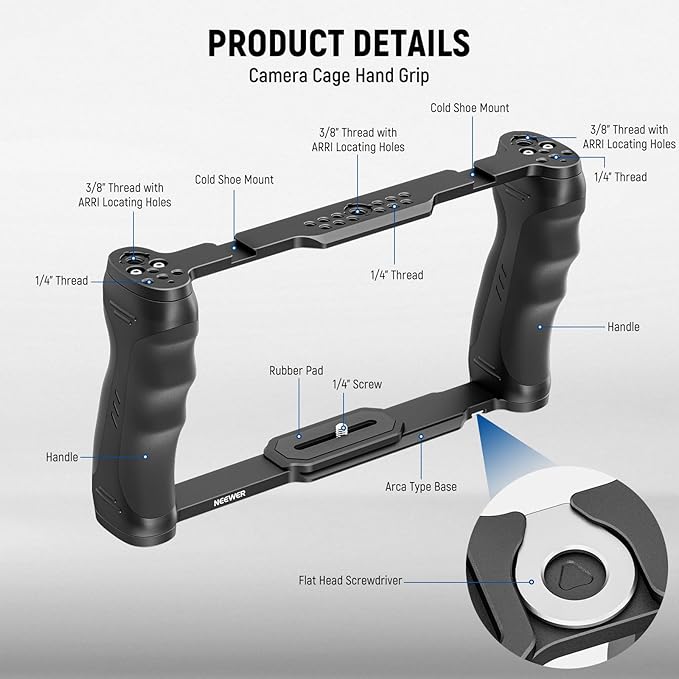 NEEWER Universal Camera Cage & Top Handle with 3/8" ARRI Locating Pins Kit, Video Rig Camera Stabilizer with Arca Type Base, Dual Handgrips, Compatible with SmallRig Accessories, CA016T