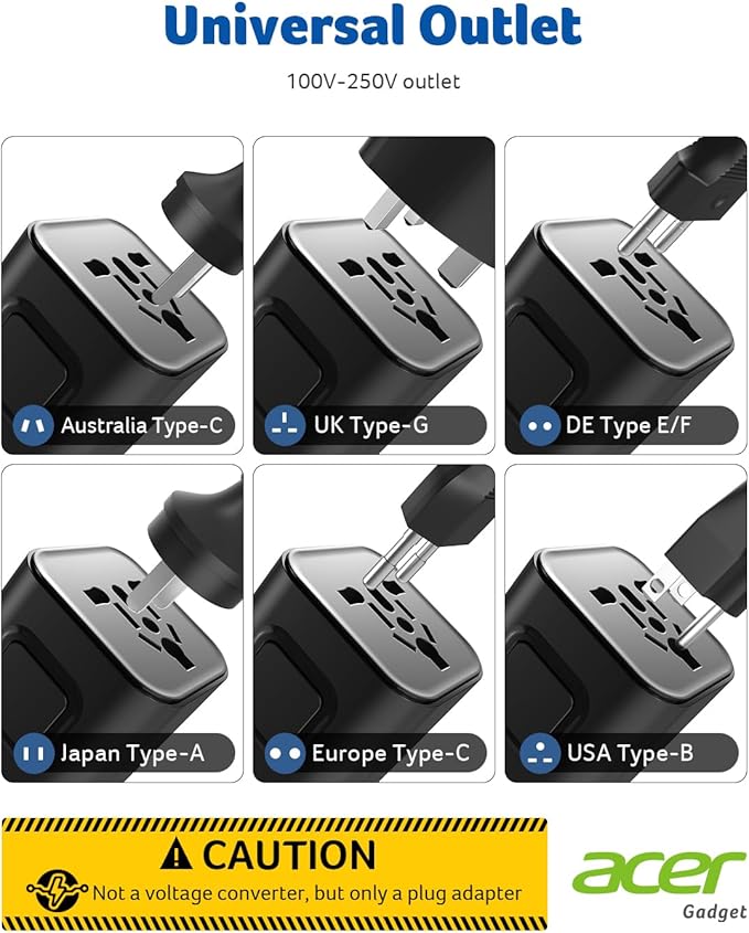 Acer European Travel Plug Adapter，Universal Travel Adapter, International Power Adapter for USA to Europe UK France Germany Spain Ireland Australia (Type C/G/A/I),Black