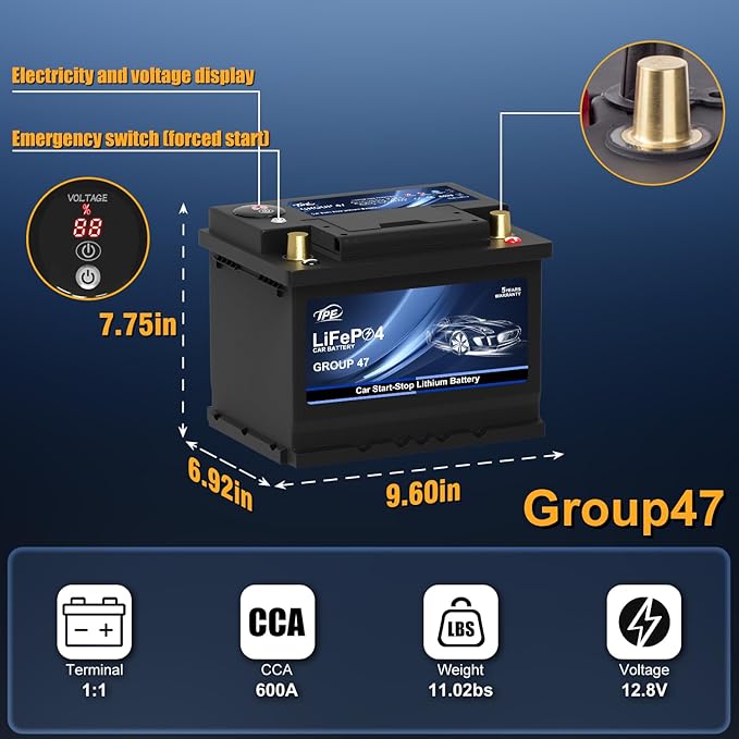 TPE Car Start-Stop Lithium Battery BCI Group47 LiFePO4 Lithium-ion Car Battery Lightweight Design Auto Lithium Battery 12.8V 600A High-Performance