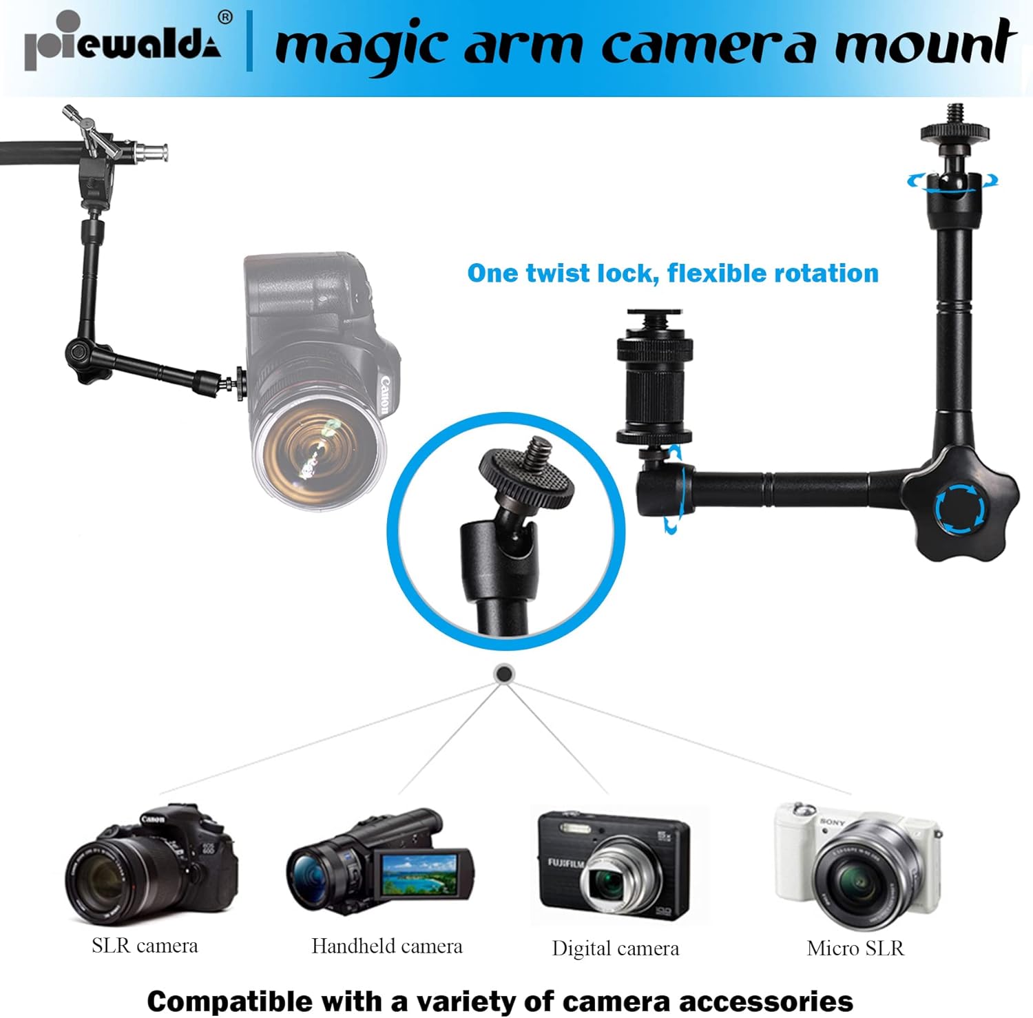 Magic arm Camera Mount ，articulating arm- 11 Inch Metal Adjustable Friction Articulated arm with Super Clamp/Phone Clip, for Various Action Camera/DSLR/LCD Monitor/LED Lights/Cell Phone