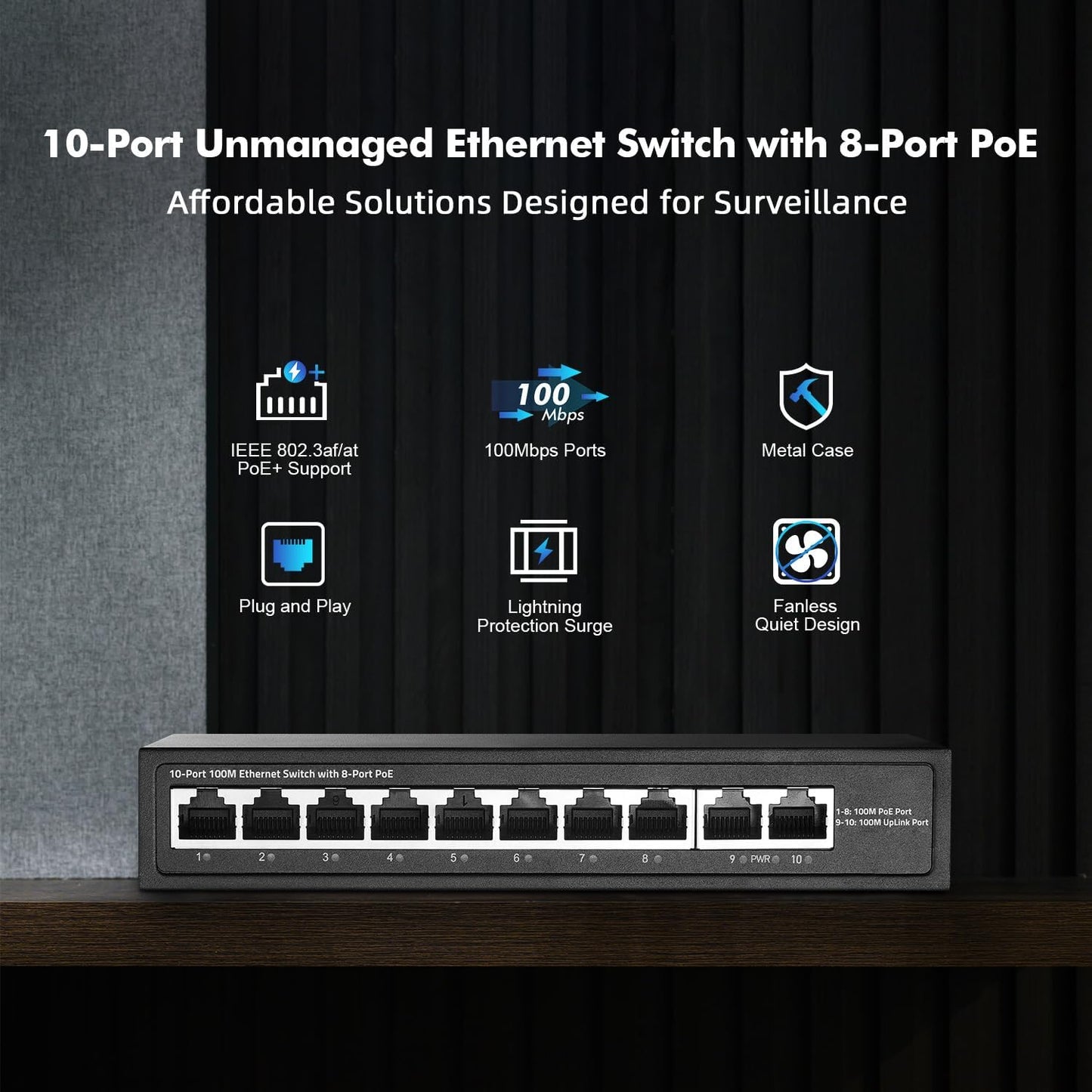 10 Port Mini PoE Switch with 8 PoE+, 2 Uplink, 10/100Mbps Ethernet, 120W 802.3af/at PoE, Fanless Metal Plug & Play PoE+ YuLinca Network Switch