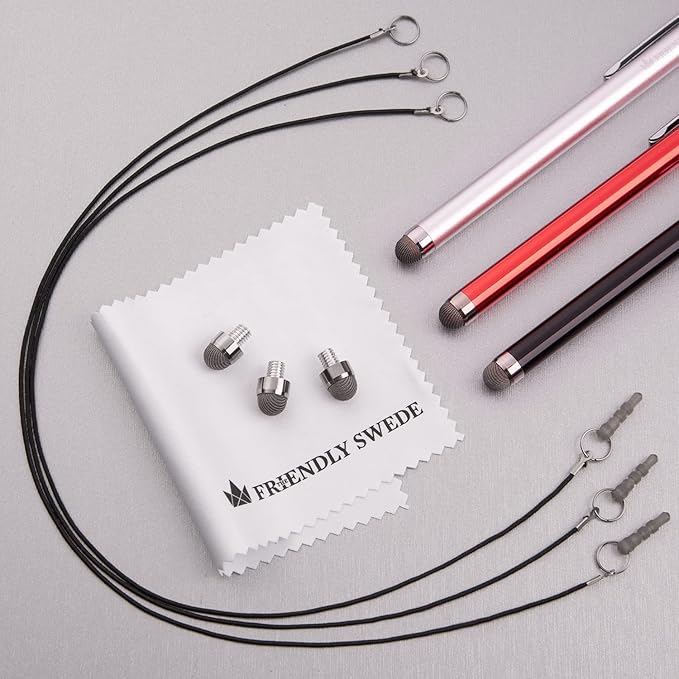 The Friendly Swede Mesh Tip Stylus Pen for Touchscreen — 3-Pack Micro-Knit Capacitive Stylus Pen for iPad & iPhone with 3 Replaceable Fiber Tips, Elastic Lanyards & Screen Cleaning Cloth