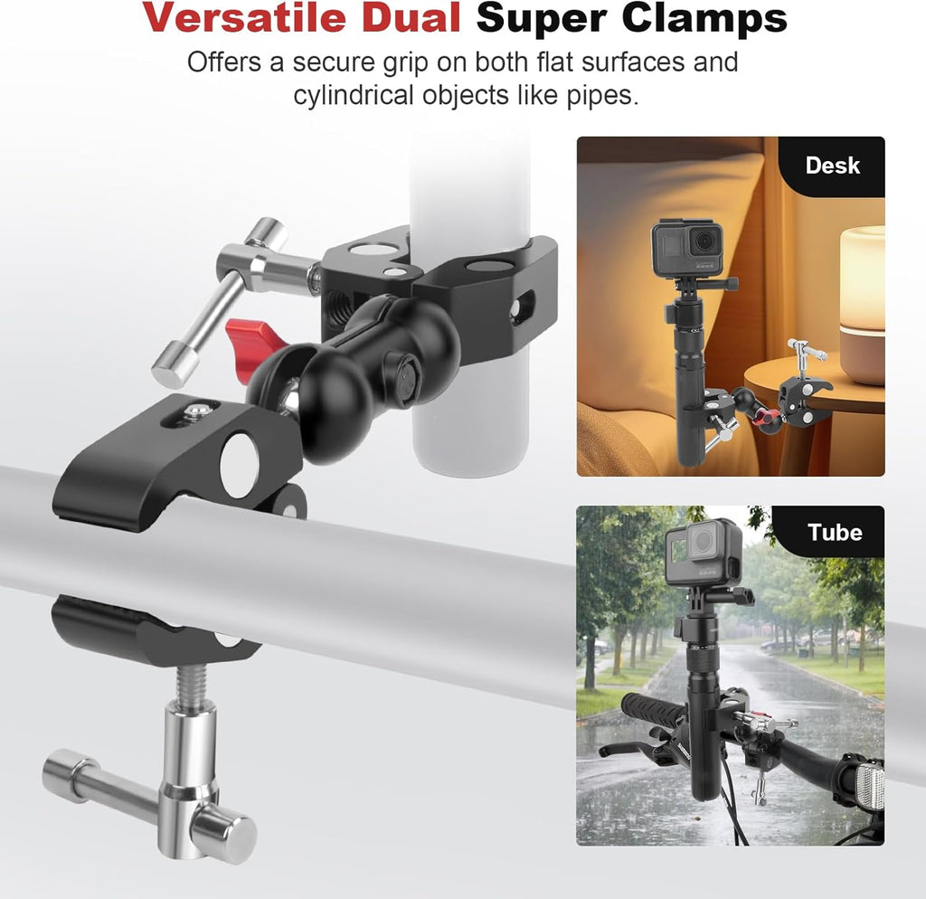 Double Super Clamp Camera Mount with Magic Arm, Aluminum Double Clamp Mount Umbrella Holder for Desk, Studio Light/Boom Stand, Photography Reflector, Cross Bars, Bike/Motor Handlebars (SY004)