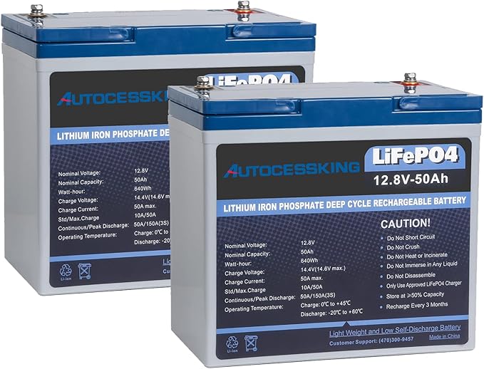12V 50Ah LiFePO4 Battery, Built in BMS Rechargeable Lithium Battery with Low-Temp Protection, 4000+ Deep Cycles Perfect for Camping, Solar, Boat, Backup Power (2 Packs)