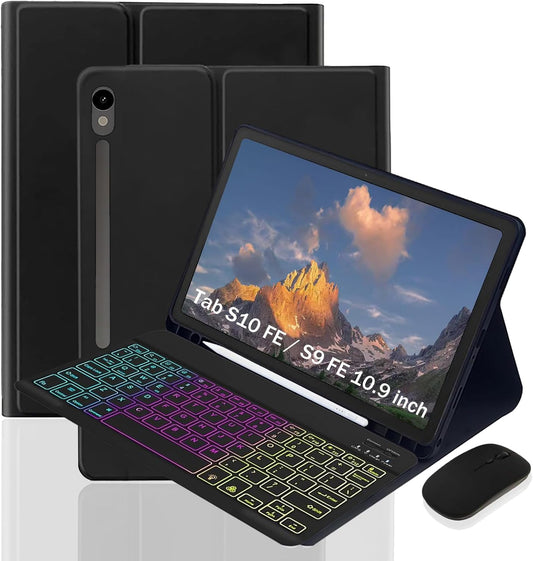 Keyboard Case for Samsung Galaxy Tab S10 FE / S9 FE 10.9 inch/Tab S9 / S8 / S7 11 inch - with 3 Color Backlit Mouse Detachable Keyboard Case