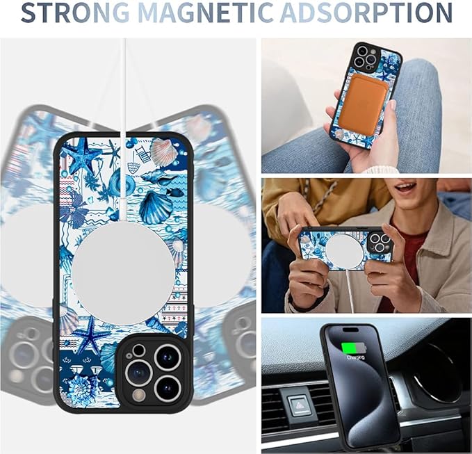 AIGOMARA Magnetic Case for iPhone 15 Pro Max [Compatible with MagSafe] Blue Shell Starfish Ocean Holiday Collage for Women Girls Men Soft TPU Bumper Hack PC Back Heavy Duty Protective Slim Cover
