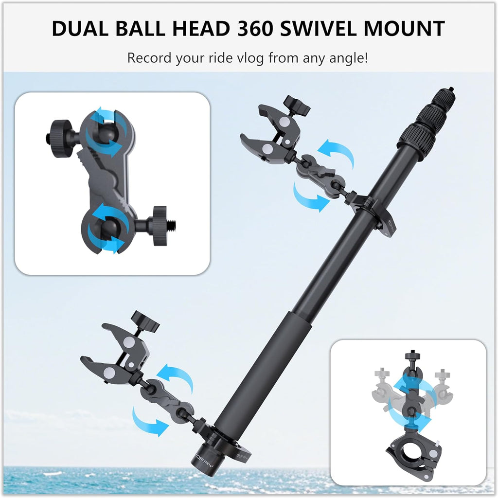 Motorcycle Camera Mount for Insta 360 x5,Adjustable GoPro Bike Extension Pole Kit Compatible with Insta360, GoPro, and DJI Cameras - Designed for Bike and Motorcycle Riding Shots