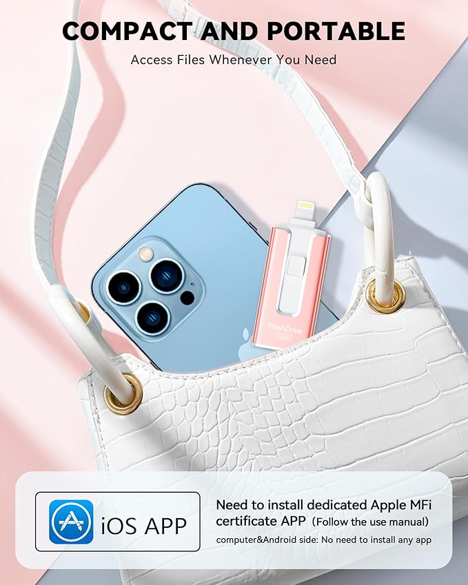 MFi Certified 512GB Flash Drive for iPhone iPad, Photo Stick for External Memory Storage, Easily Back Up and Save Files, USB Memory Stick Thumb Drive for iPhone/iPad/Android/PC (Light Pink, 512GB)