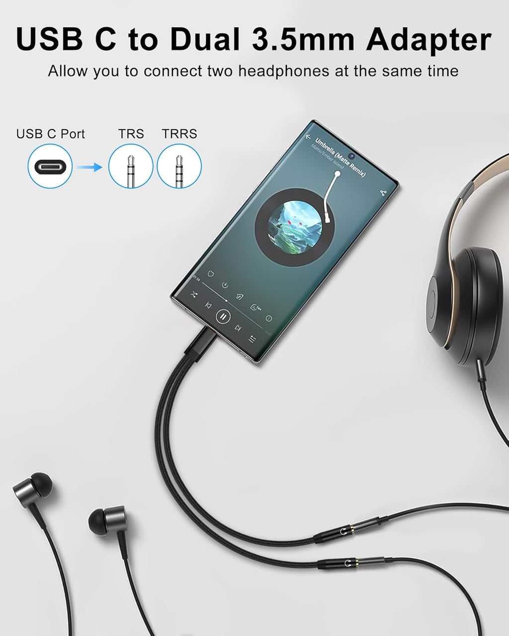 Headphone Splitter for 2 Headphones, USB C to Dual 3.5mm Female Aux Splitters for iPhone 17 17 Pro 16e, Google Pixel 10, Samsung Galaxy S25 Ultra, Audio Jack Adapter Earphone Connector - Black