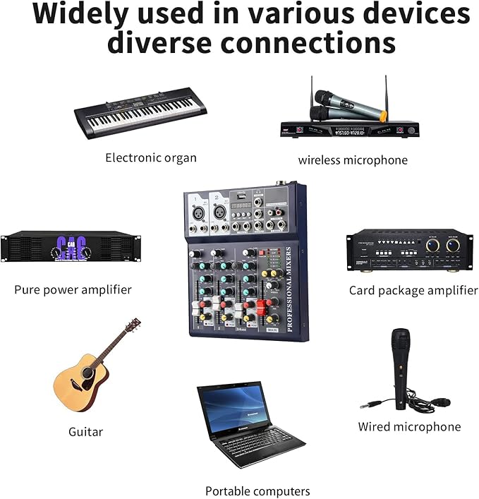 Dj Mixers 4 Channel Audio Mixer Sound Board with Bluetooth, Usb Audio Interface with 48V Phantom Power Sounds Mixer Board with FX Reverb Delay Effect for Streaming