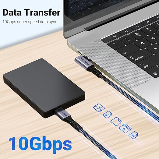 100W Short USB C Cable 3.1 Right Angle [1.5FT 2 Packs], 5A Fast Charging, 10GBbps High Speed Data E-Marker Chip Cords, 4K@60Hz Video Display