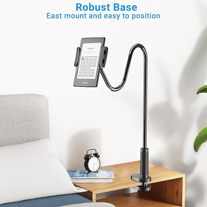 Gooseneck Tablet Holder for Kindle Reading in Bed, Hands Free Desk Bedside Lazy Arm Stand for Kindle Accessories, Compatible with iPhone iPad mini