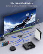 HDMI Switch 5 in 1 Out 4K@60Hz, GANA HDMI Splitter Switcher with Remote, Aluminum HDMI 2.0 Switch Box Hub for 3D, HDCP2.2, HDR, Compatible with Xbox, PS5/4/3,Fire Stick,Roku,Blu-Ray Player, Black