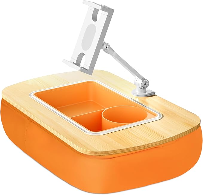 Lap Beanbag Tablet Pillow Stand with Snack Bowl and 360° Rotating Arm, Adjustable iPad Holder for Bed, Couch, and Recliner, Compatible with 4.7"-13" Kindle, iPad, Tablet, Phone,Orange