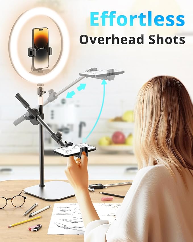 UBeesize 12" Desk Ring Light with Stand and Phone Holder, Overhead Phone Mount for Video Recording, Zoom Meeting, Live Streaming, Tiktok, YouTube，Compatible with iPhone, Android, Cameras