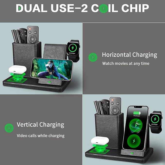 Office Supplies Desk Accessories,Pen Holder Remote Control Holder, Organizer with Phone Charger,Nightstand Desktop Organizer,Black Leather Desk Organizer With Charging Station (black)