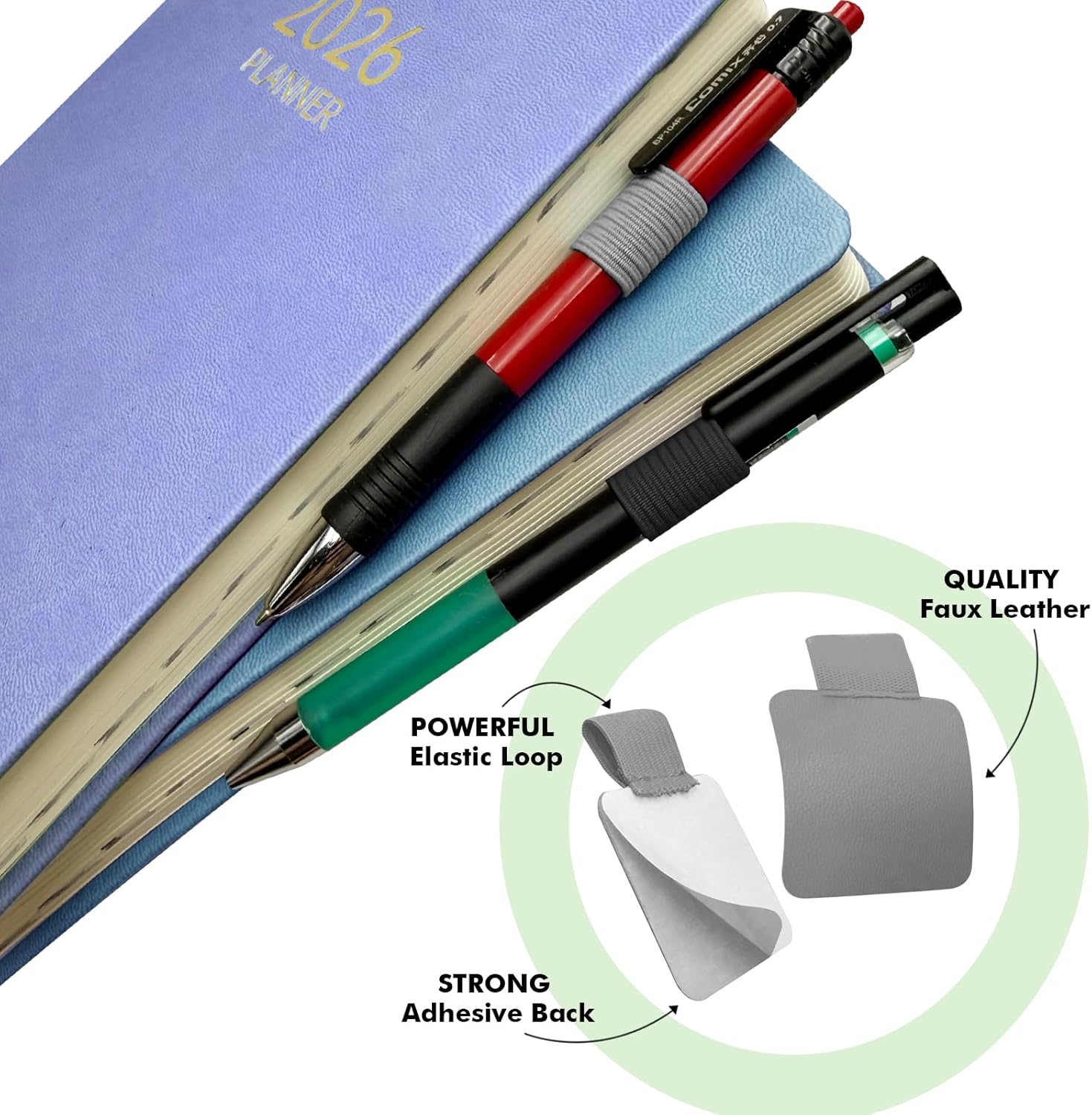 Pen Loop Holder for Notebook 12 Pack Self-Adhesive Stick On Pen Holder with Extra 2 Pens Clips 1 Leather Bookmarks As COMBO for Planner Journal Tablet Clipboards Calendars Bible Campus School Office