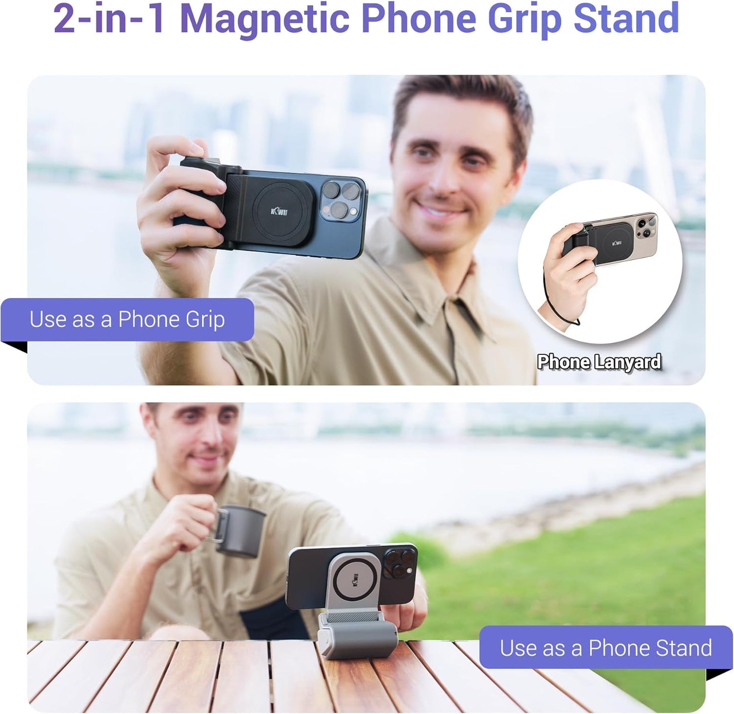 KIWIFOTOS Magnetic Phone Camera Grip for Magsafe Phone Tripod Handle with Bluetooth Remote & Tripod Mount Adapter for iPhone 16 Pro Max Samsung Smartphone Vlog Video Shooting (Black)