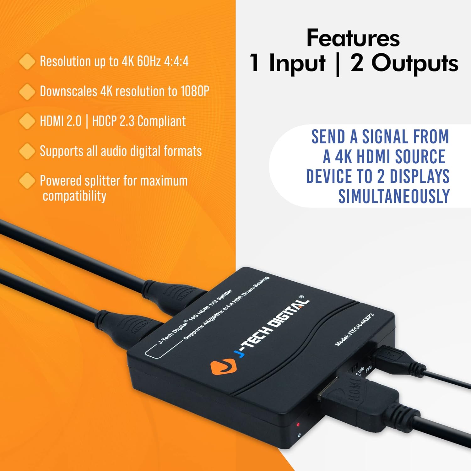 J-Tech Digital HDMI Splitter 1 in 2 Out 4K 60Hz Multi-Resolution Output (MRO) HDMI 2.0 Splitter Supports Downscale HDR HDR10 / Dolby Vision 4K@60Hz 4:4:4 HDCP2.3 2.2 (JTECH-4KSP2)