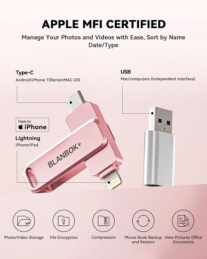 MFi Certified 256GB Flash Drive for iPhone Photo Stick, USB Thumb Drive Memory Stick High Speed USB Drive Photo Storage for iPhone Flash Drive Compatible for iPhone/iPad/Android/PC (Pink)