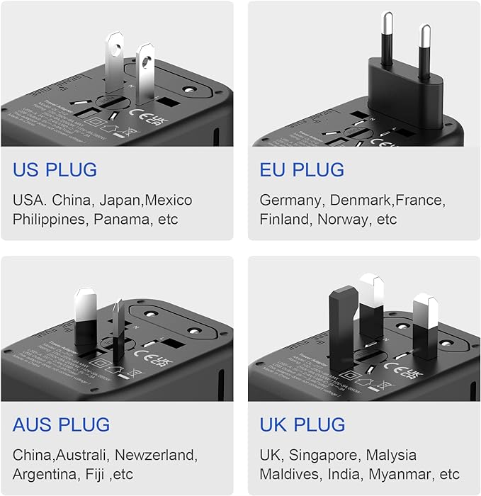Universal International Power Travel Plug Adapter, 5 in 1 European Travel Plug Adapter W/ 3.5A 2xUSB-A and 2xUSB C Wall Charger and Worldwide AC Outlet for Europe USA UK AUS Asia