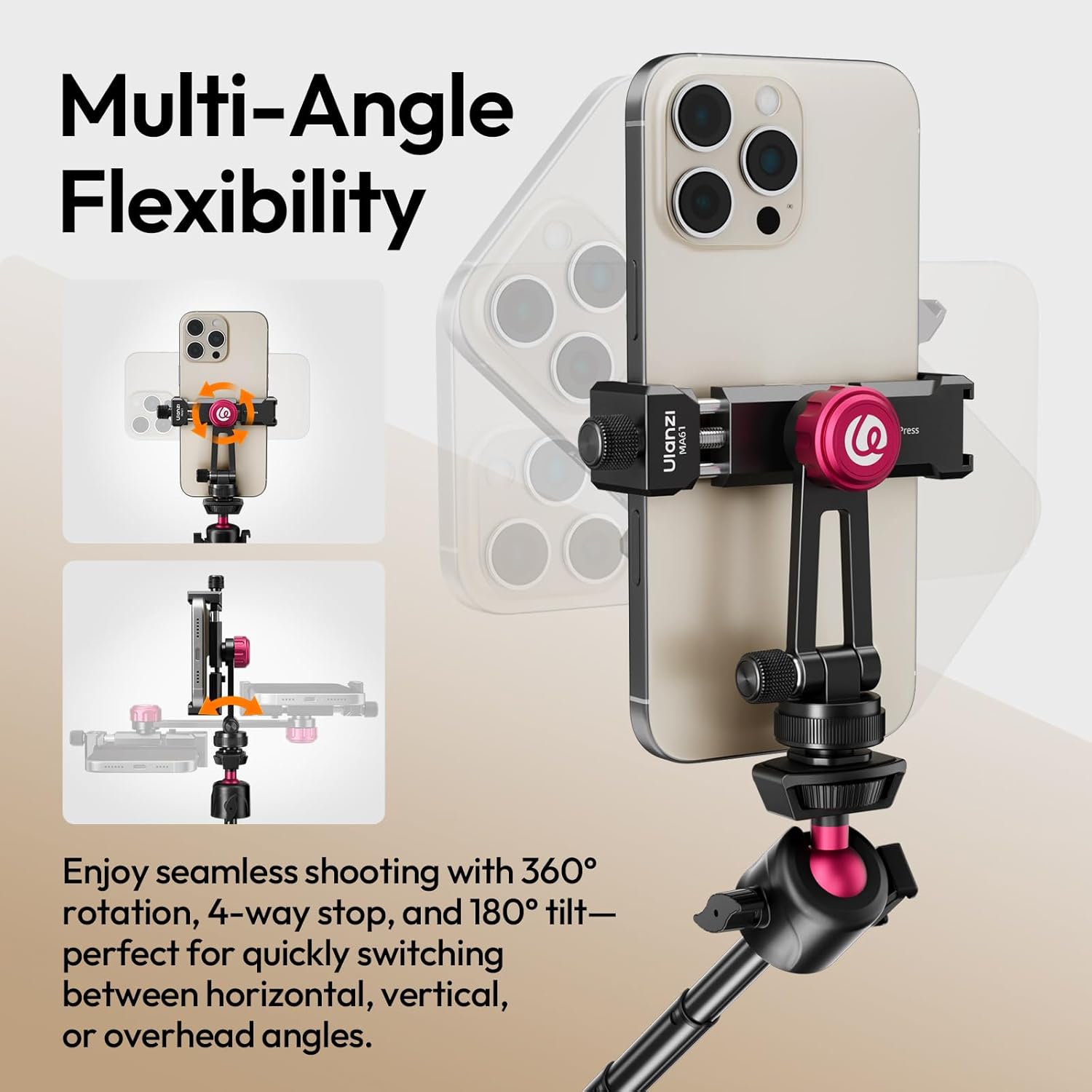 ULANZI MA61 Metal Phone Tripod Mount with Cold Shoe, 360° Adjustable Hot Shoe Camera Phone Mount for iPhone 16 15 14 Pro Max, Samsung Galaxy, Aluminum Alloy Clamp for Vlogging, Live Streaming, Video