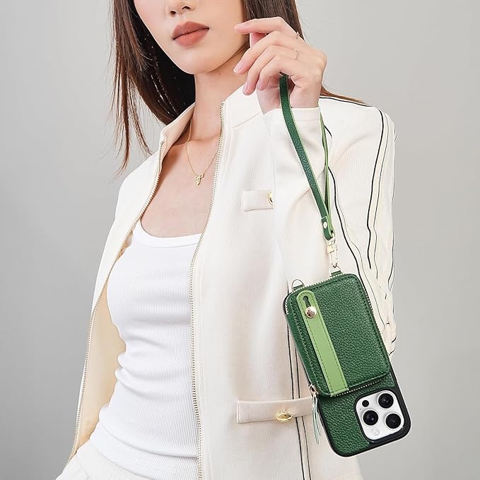 LAMEEKU for iPhone 15 Pro Max Wallet Case, Zipper Leather Card Slots Crossbody Case with Phone Grip Holder Stand Wrist Strap Lanyard for Women for iPhone 15 Pro Max 6.7 inch Dark Green