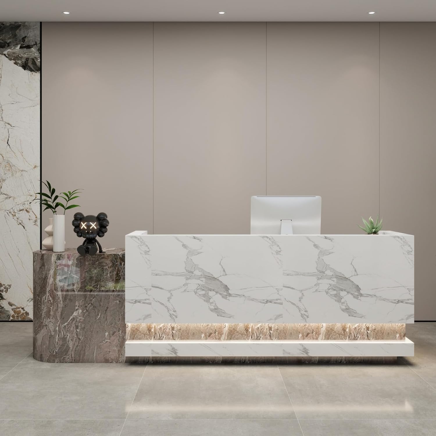 Front Desk Reception Counter - Lockable Storage & Keyboard Tray | Reception Desk with Counter, Customizable Large Counter Table (Grey+White, 116'')