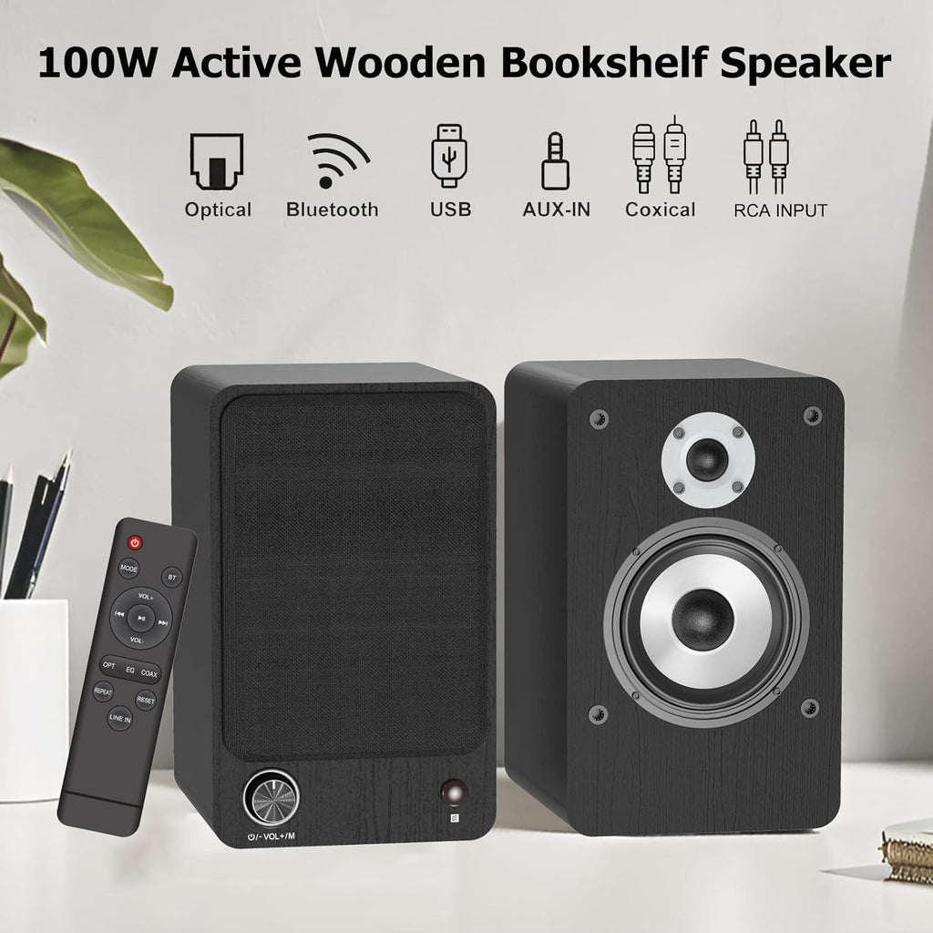 LONPOO Powered Bookshelf Speakers for Record Player,2.0CH Bluetooth Active Near Field Monitors with 1-inch Silk Domed Tweeter and 4-inch Aluminium Speaker for Home Theater, 100 Watts RMS