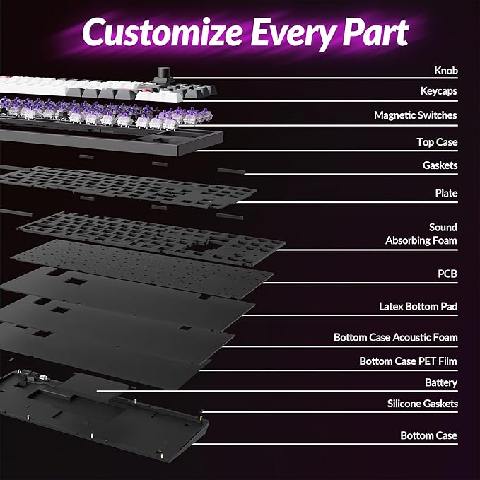 Keychron Q3 HE Wireless Custom Mechanical Keyboard, 2.4 GHz/Bluetooth/Wired QMK Rapid Trigger 80% TKL Hot-Swappable Programmable RGB Gateron Double-Rail Magnetic Switches for Mac Windows, Carbon Black