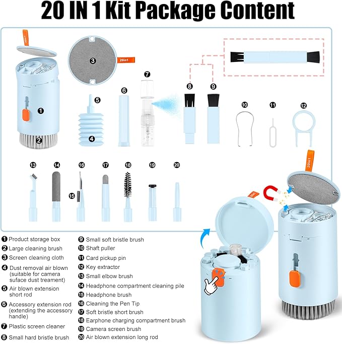 Laptop Phone Screen Cleaner Kit, Computer Keyboard Brush Cleaning Spray for iPhone AirPods MacBook iPad, 20-in-1 Electronic Device Clean Tool for Camera PC Monitor Earbud TV Tablet Car Screens, Blue