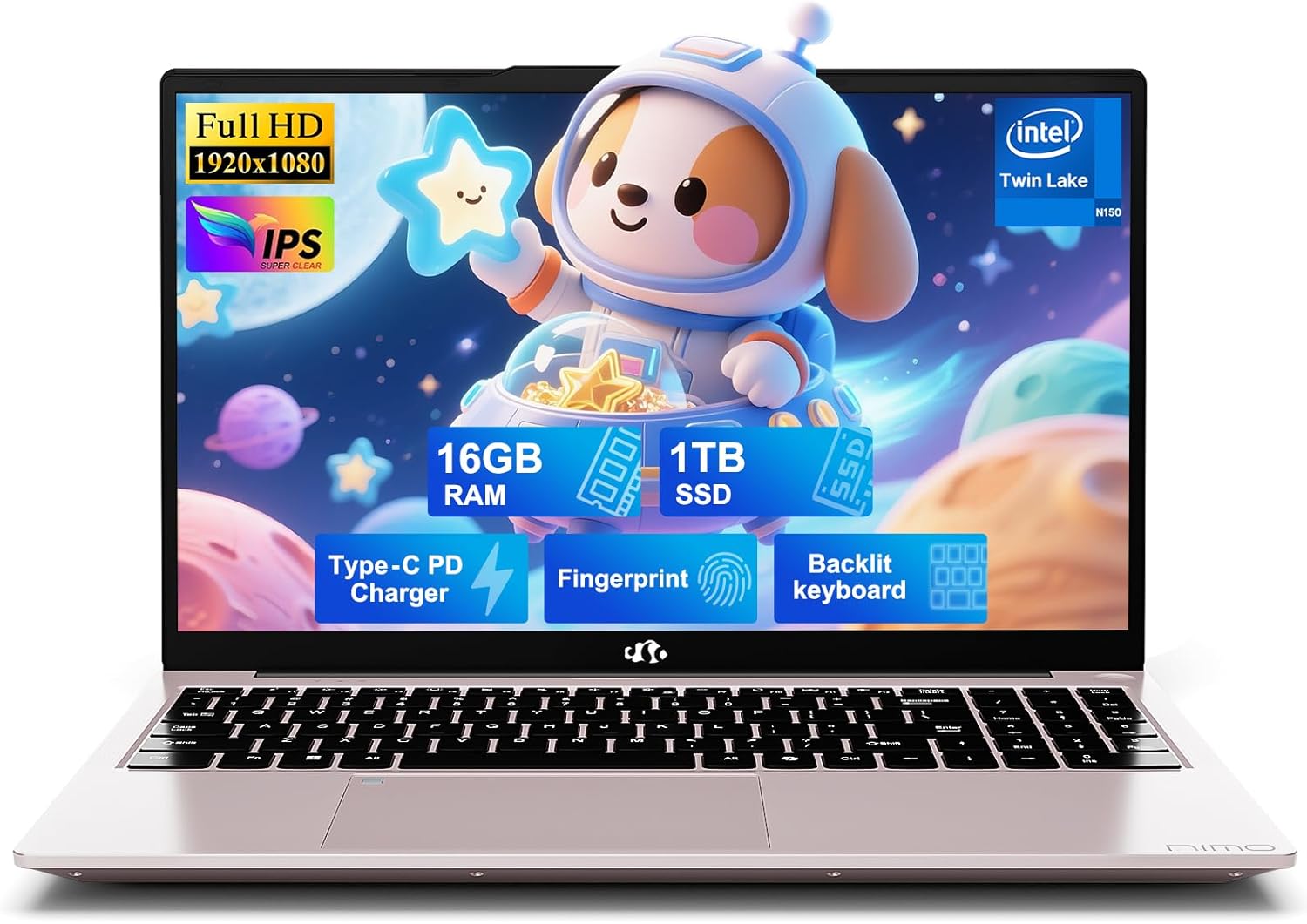 NIMO 15.6" FHD IPS Laptop, Intel N150 (Up to 3.6GHz, Beat i3-10110U), 16GB RAM 1TB SSD, Backlit Keyboard Fingerprint, Wi-Fi 6 BT5.2 Type-C 65W Computer for Students and Home Office